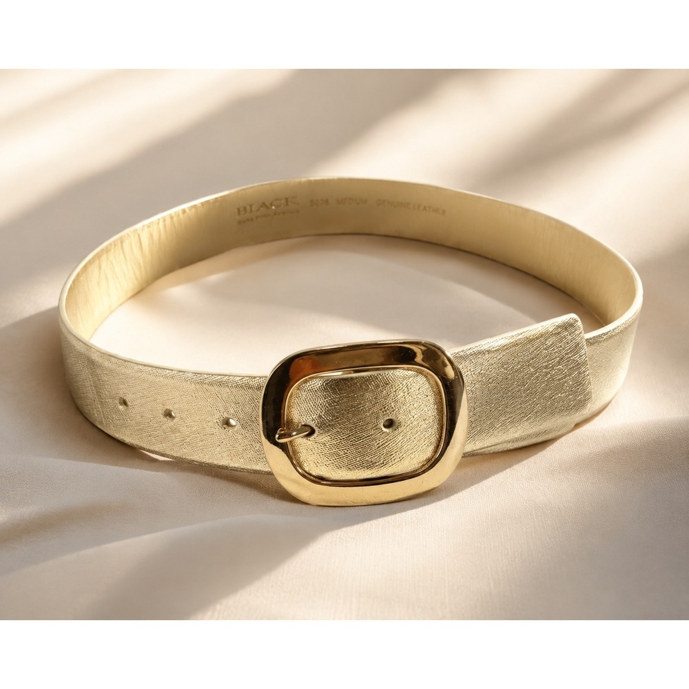 Saks Fifth Avenue BLACK Belt Womens Medium Gold Metallic Leather 5626